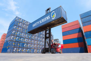 Safety Screens logo on a shipping container