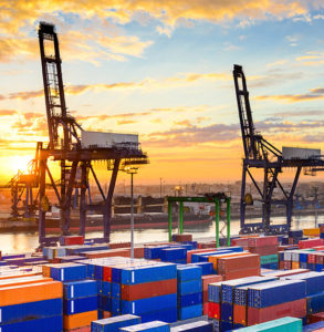 A port with shipping containers signifying exports