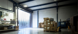 Interior view of warehouse with clear plastic pvc curtain
