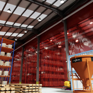 Clear red PVC strip curtain in a factory divider