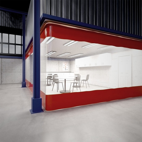 A plastic PVC curtain divides a factory workshop