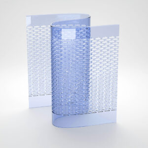 Strip of pale blue perforated clear pvc curtain